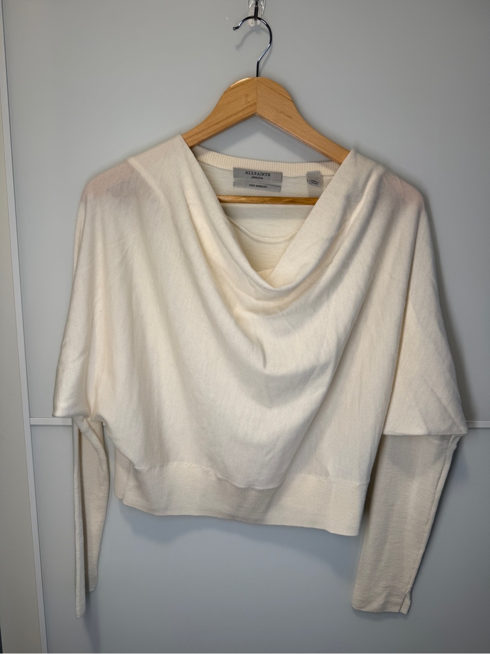 All Saints Ivory Draped Cowl Neck Sweater